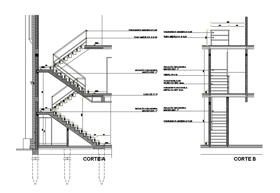 Stairways sectional and drawing details of housing floors dwg file