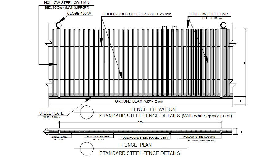 Standard steel fence detail presented in this AutoCAD drawing file. Download this 2d AutoCAD drawing file.