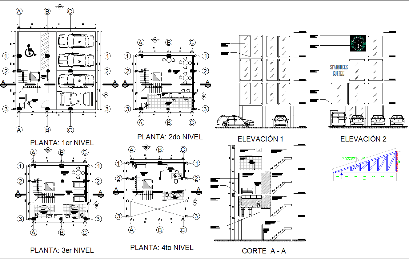 Starbucks plan dwg, Starbucks building and interiors detail CAD files