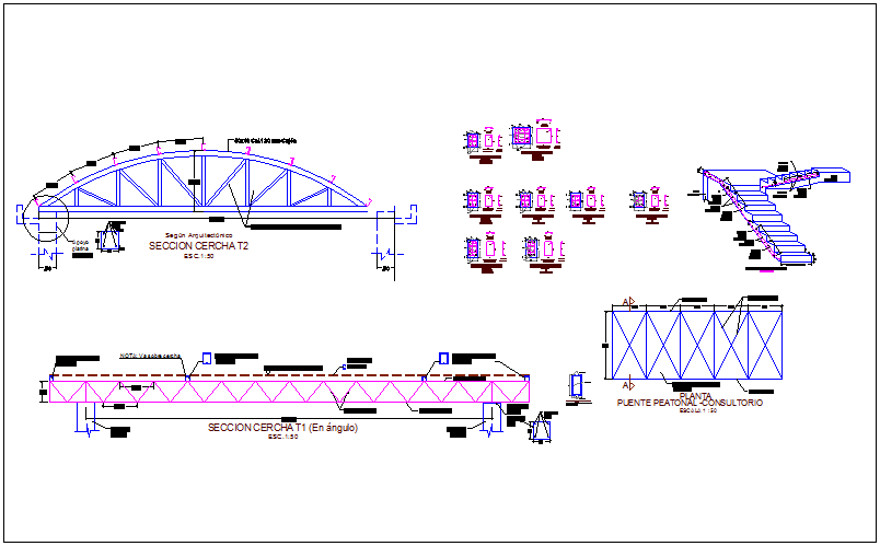 Steel structural view of truss with column detail for integral center dwg file