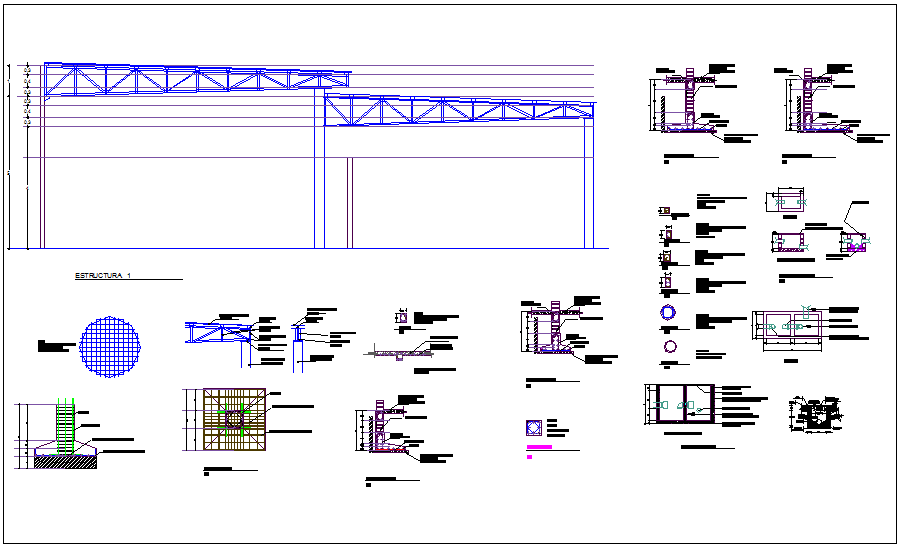 Steel structure view with detail for automobile dealer ship dwg file