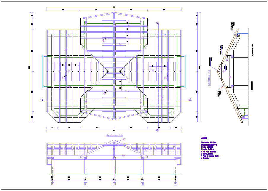 Steel structure view with plan and elevation of roof area for house dwg file