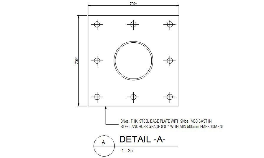 Steel base plate with 9 no's M30 cast in steel anchors Grade 8.8 details are given in this AutoCAD 2D Drawing file.Download the AutoCAD 2D DWG file.