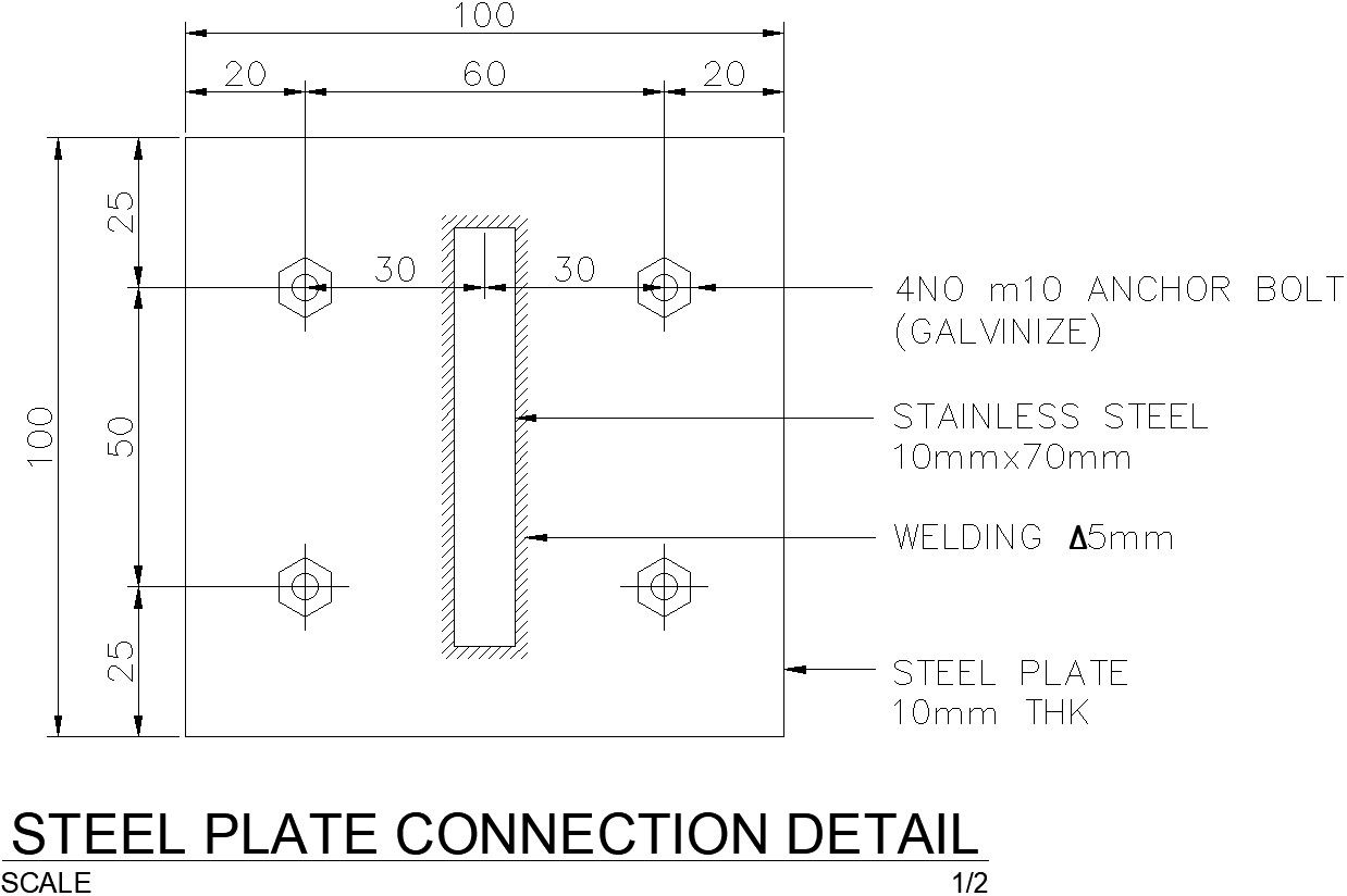 Steel plate connection detail in AutoCAD drawing