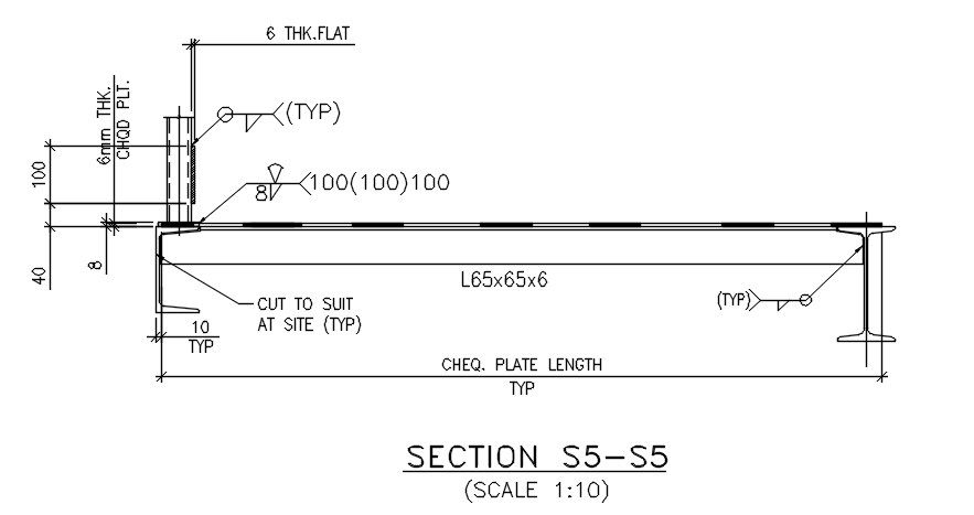 Steel plate length typical section details are given in this 2D AutoCAD DWG drawing. Download the AutoCAD 2D DWG file.
