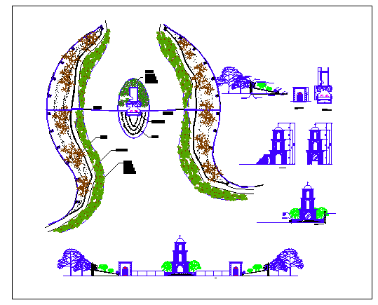 Steeple park landscaping and main gate elevation dwg file