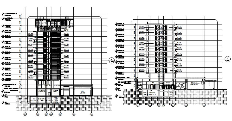 Stilt +9 of the hotel building typical section details is given in this AutoCAD DWG File. Download the AutoCAD DWG file now.