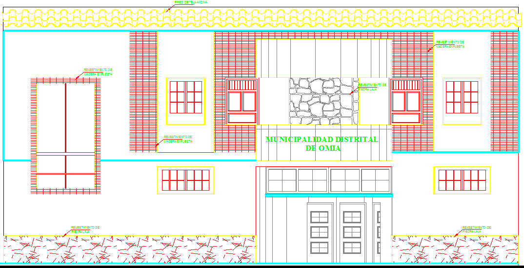Stone carved elevation design of building in dwg file