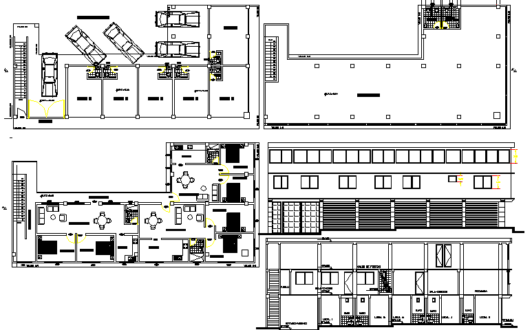 Store house elevation, section, layout plan and parking lot details dwg file