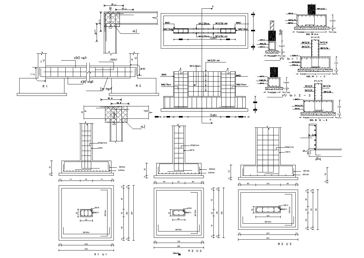Structural Column Foundation Design With Bars AutoCAD Drawing