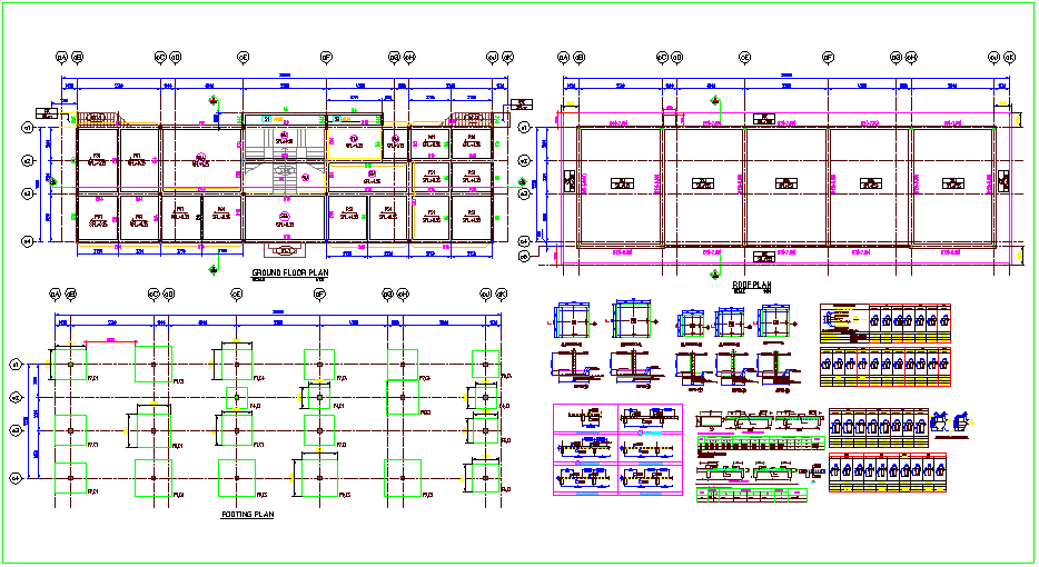 Structural design view of building with footing and column view dwg file