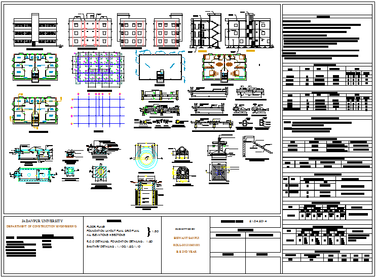 Structural design view with plan,elevation and section view of house dwg file