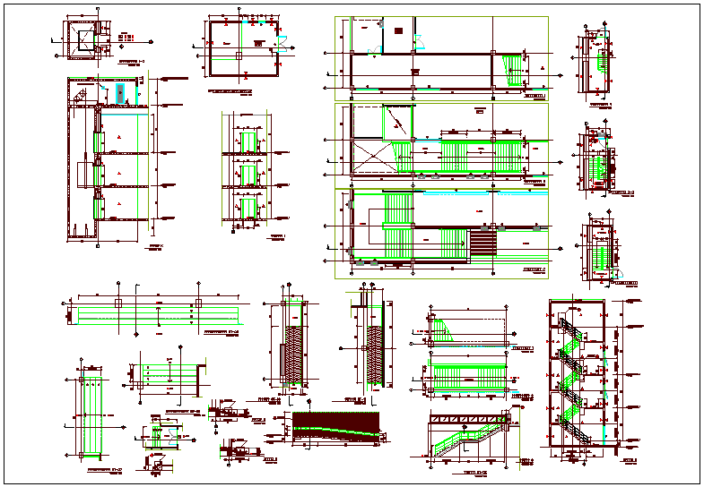 Structural detail view of beam,column and stair of conference building dwg file