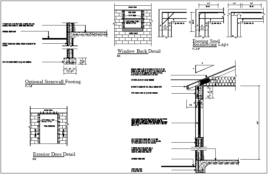 Structural detail view of footing with door and window detail dwg file