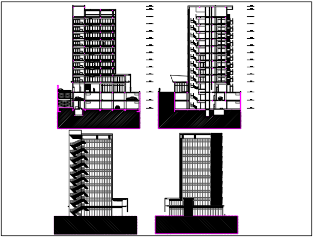 Structural high rise building elevation and section detail dwg file