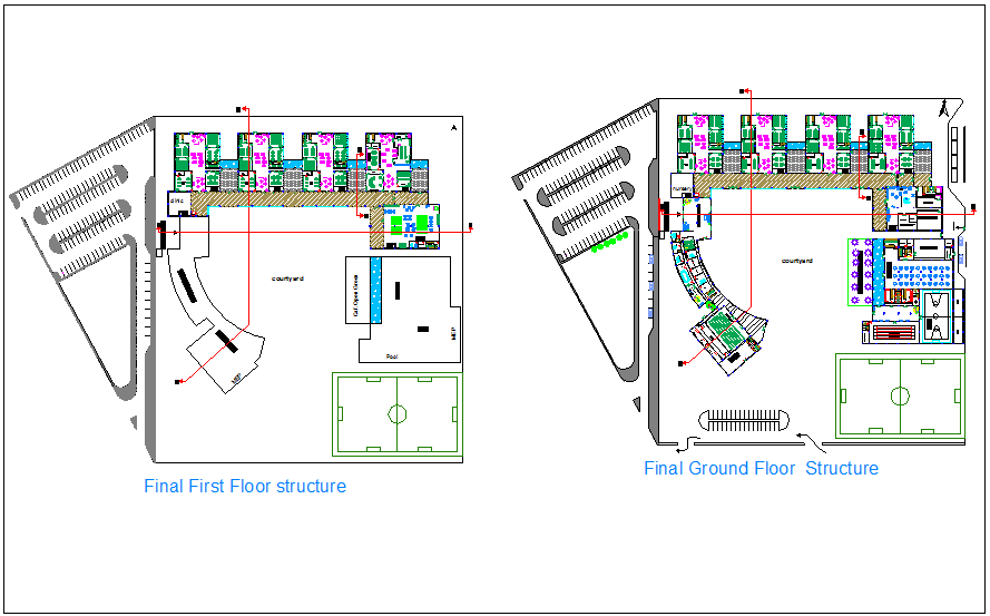 Structural view of Secondary school for women ground and first floor plan dwg file