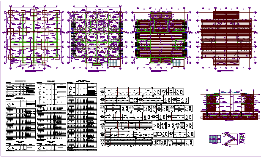 Structural view of library with plan and section view and structural detail dwg file