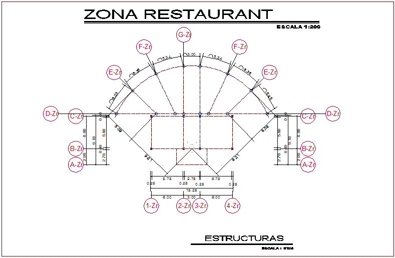 Structural view of restaurant for youth development center dwg file