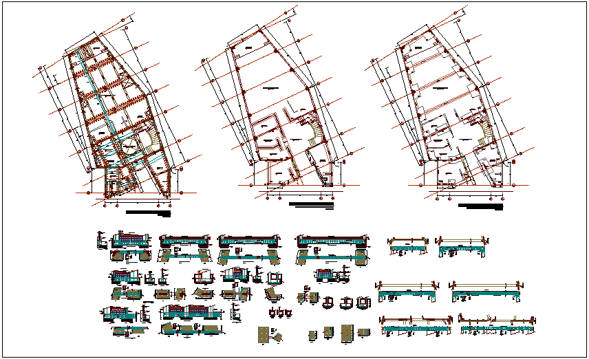 Structural view with floor plan and detail of community center dwg file