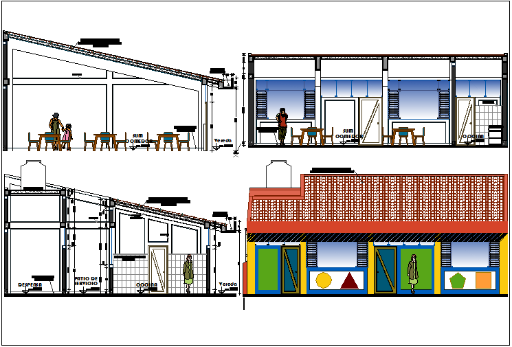 Structural view with section view and elevation of garden and its area dwg file