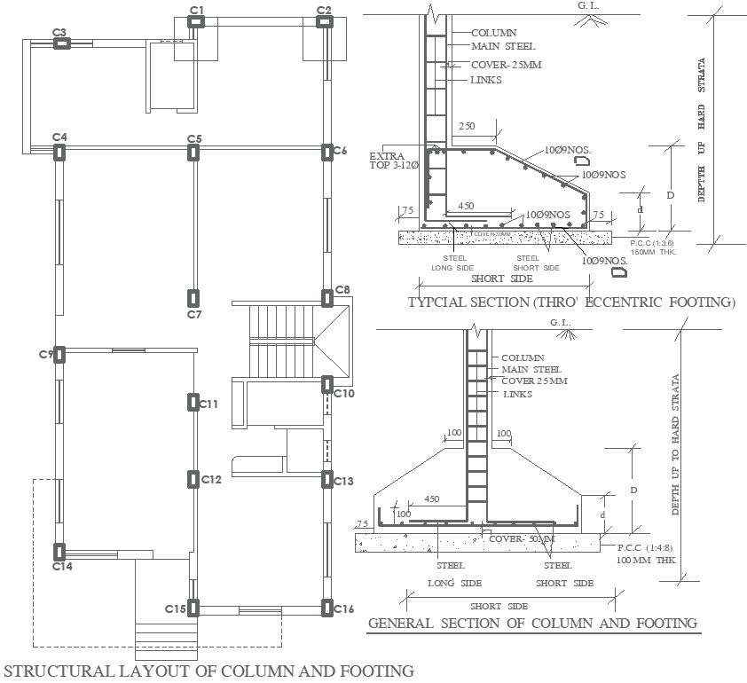 Structural Layout of Column and Footing Plan with Sections