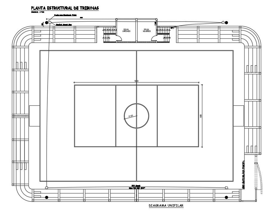 Structural detail of the 35x25m multi sports complex plan is given in this AutoCAD drawing model. Download now.