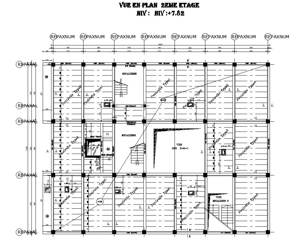 Structural details of 2nd floor plan in AutoCAD 2D drawing, CAD file, dwg file