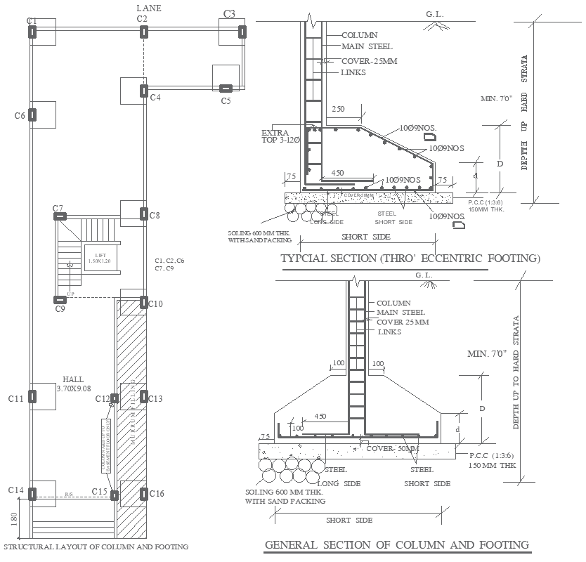 Columns and Footings Layout Plan with Sections DWG File