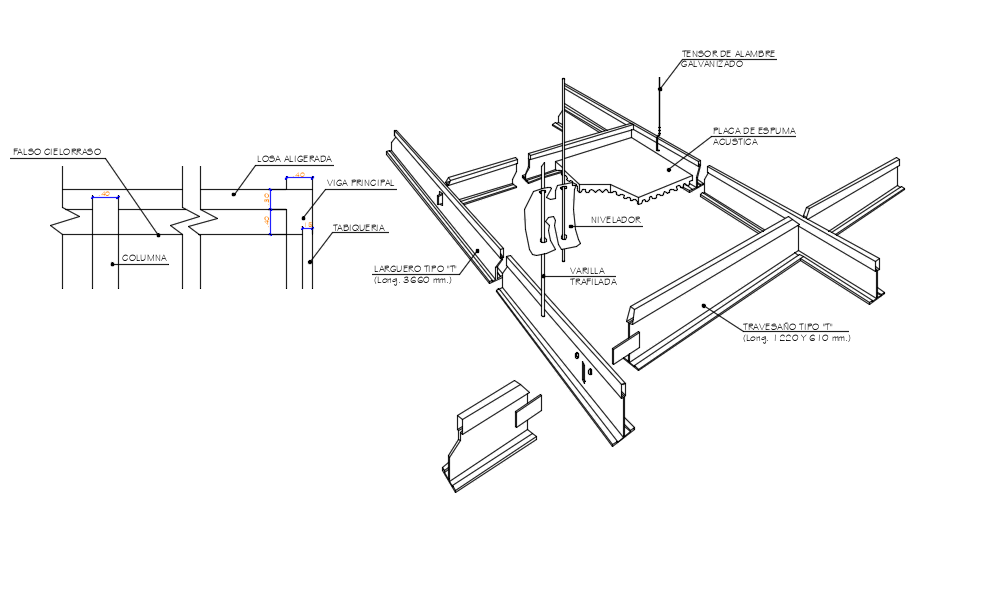 Structure view of isometric view of suspended ceiling view dwg file