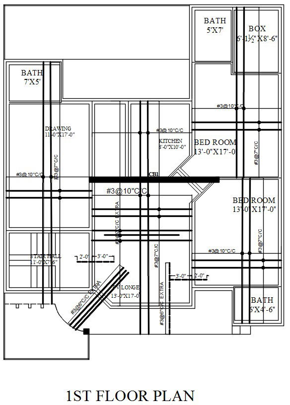 First floor structure plan in AutoCAD 2D with reinforcement