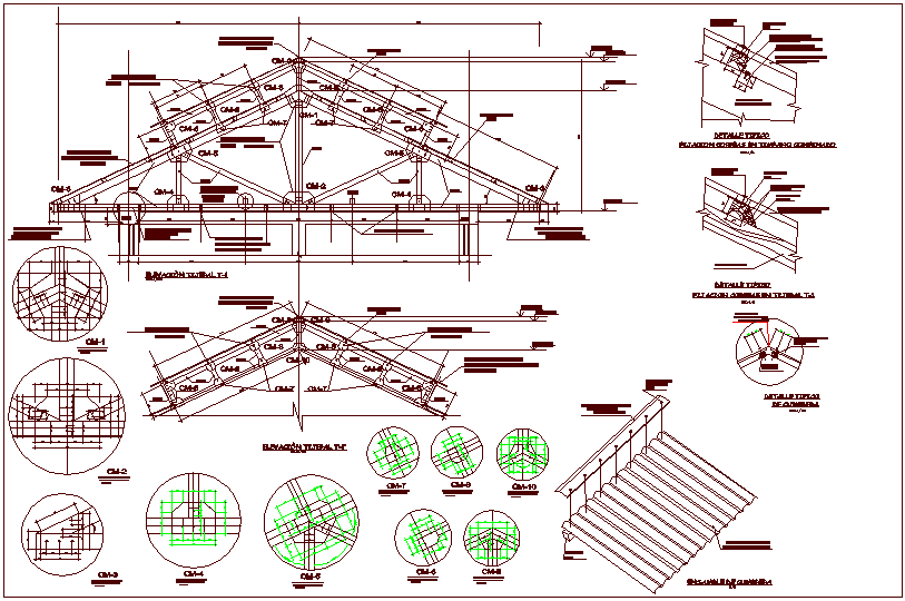 Struts design view with elevation and detail view with structure view dwg file