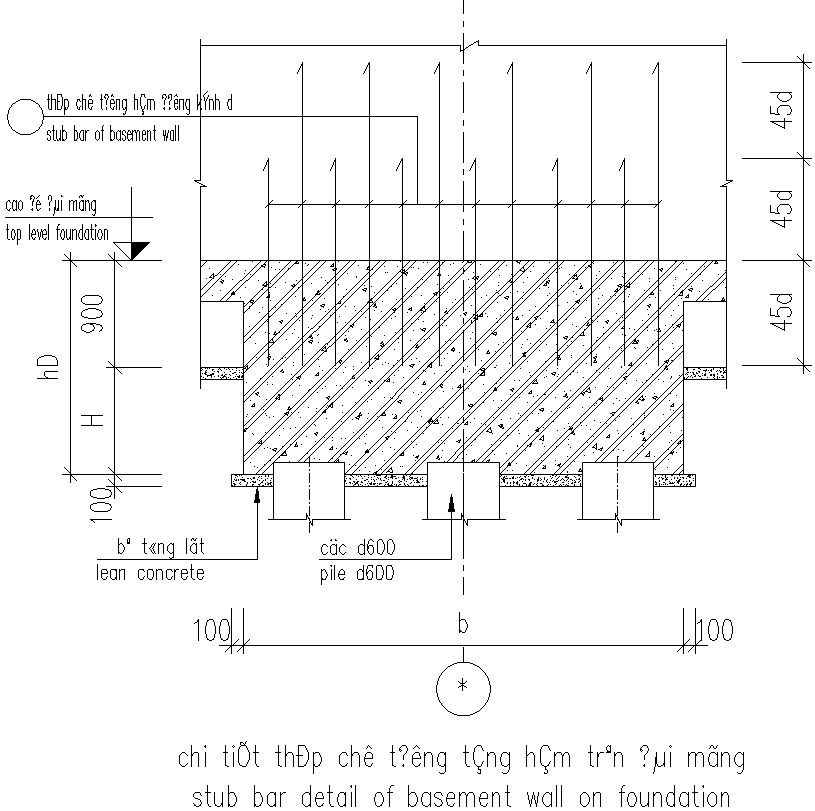 Stub bar detail of basement on foundation.