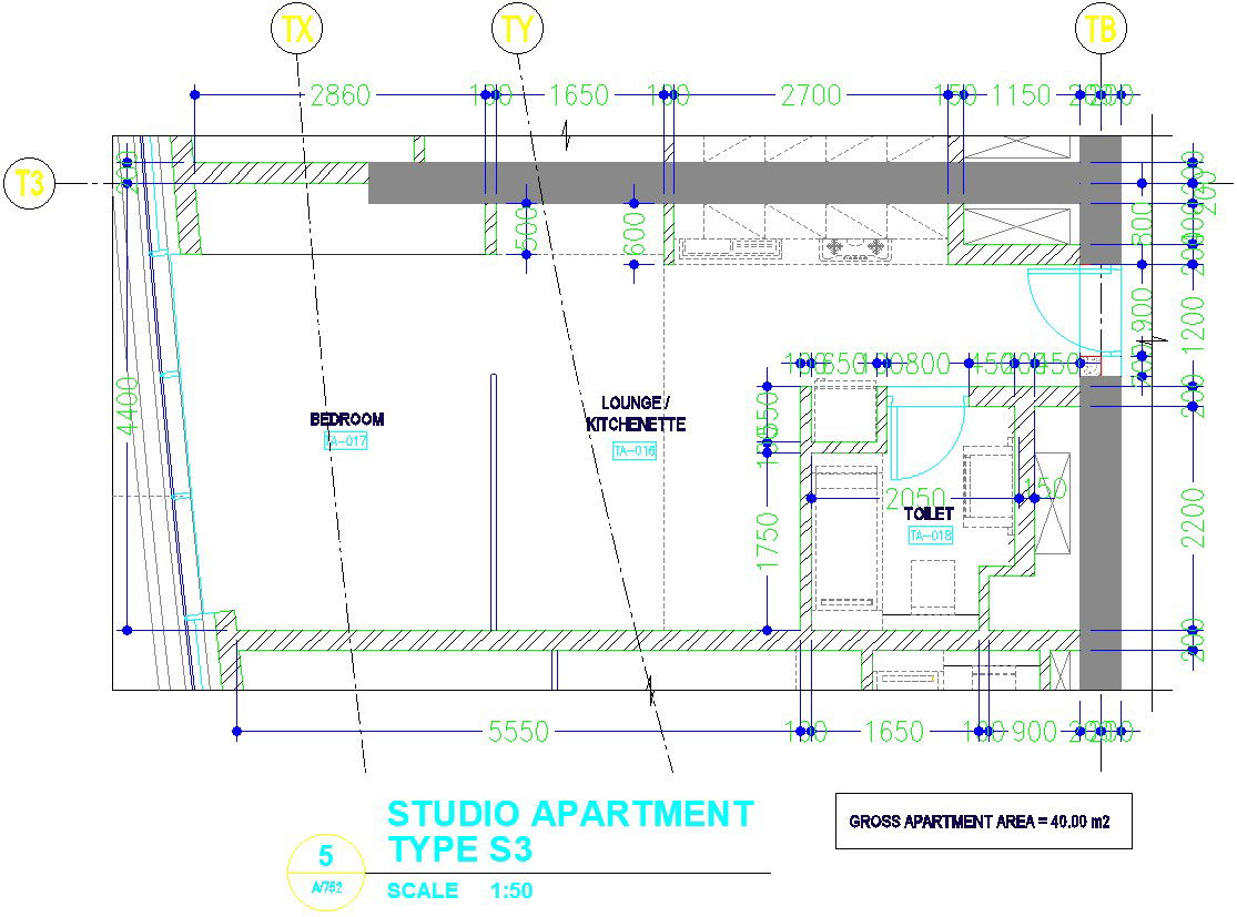 Studio apartment type with detail drawing, dwg file, cad file