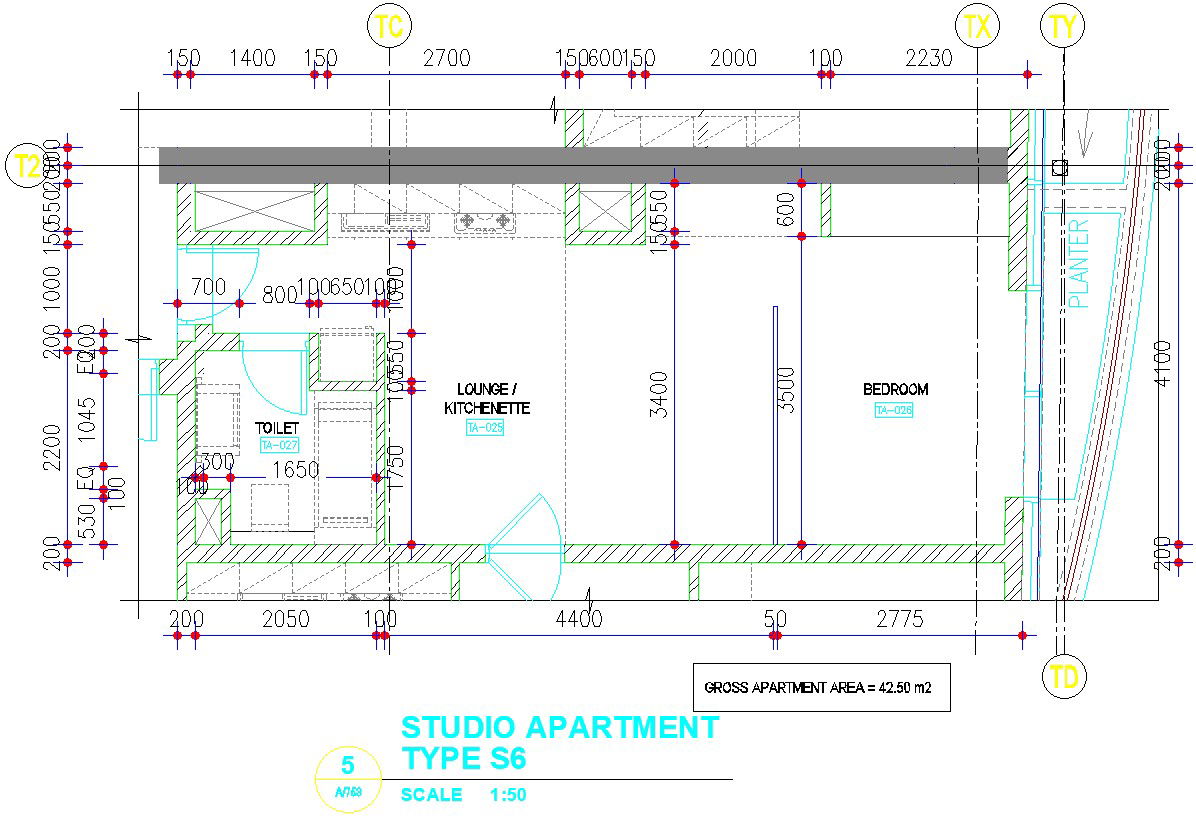 Studio type apartment with detail AutoCAD drawing