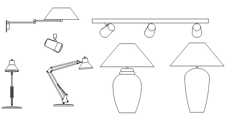 Study lamp, table lamp and other lights design CAD blocks in AutoCAD 2D drawing, CAD file, dwg file