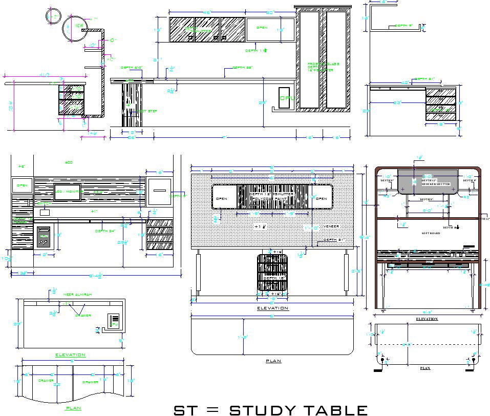 Study Table CAD Design in AutoCAD DWG for Workspaces