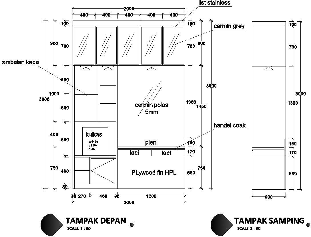 Study Table Front and Side Elevation DWG AutoCAD File