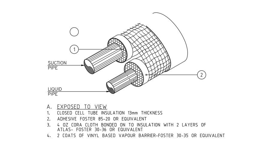 Suction and liquid pipe drawing are given in this 2D AutoCAD drawing