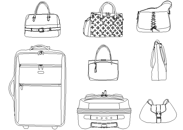 Suitcase and Travel Bag CAD Detail DWG for Front View Drafting