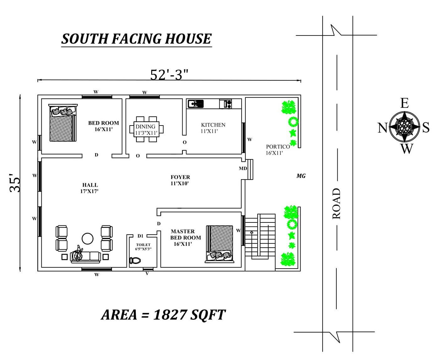52'x35' south facing 2BHK house plan as per vastu Shastra,Autocad drawing file details