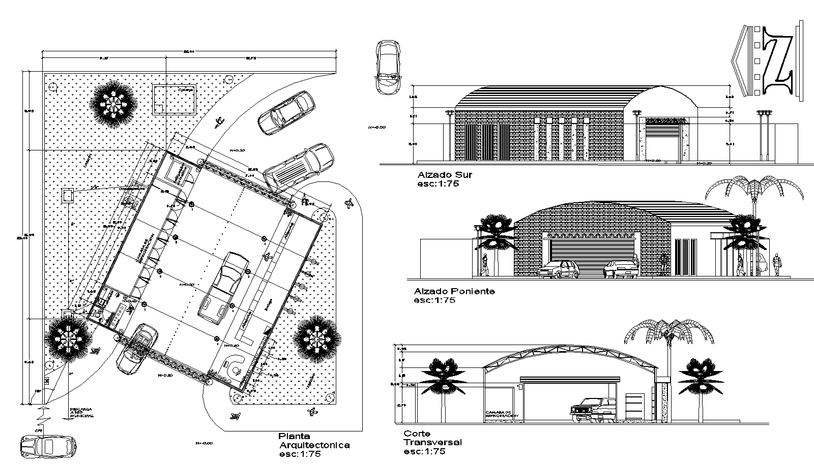 Super market basement floor plan elevation and sectional view dwg file