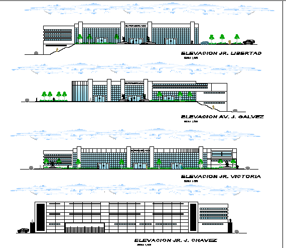 Super market all sided elevation and sectional details dwg file
