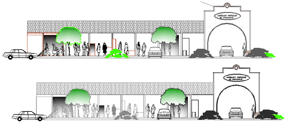 Super market elevation and sectional details dwg file