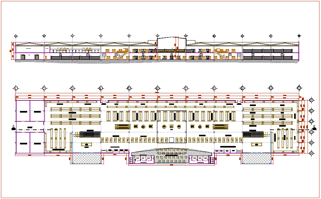 Super market floor plan with elevation dwg file