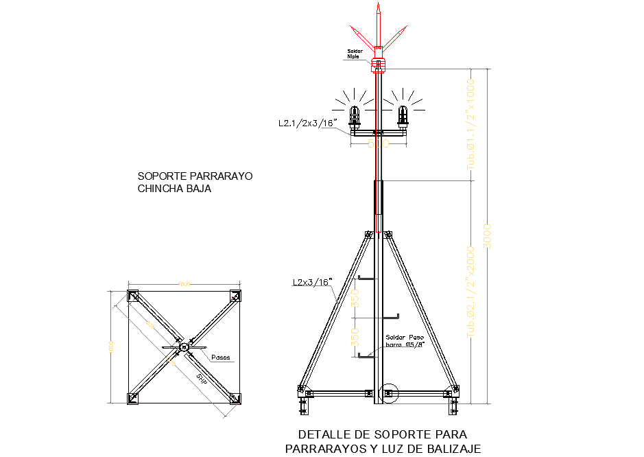 Support detail for lightning rod and beacon light layout file