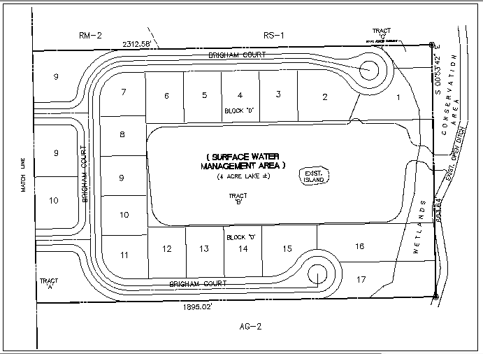 Surface water management area with Brigham court in parts of water with match line in details dwg file