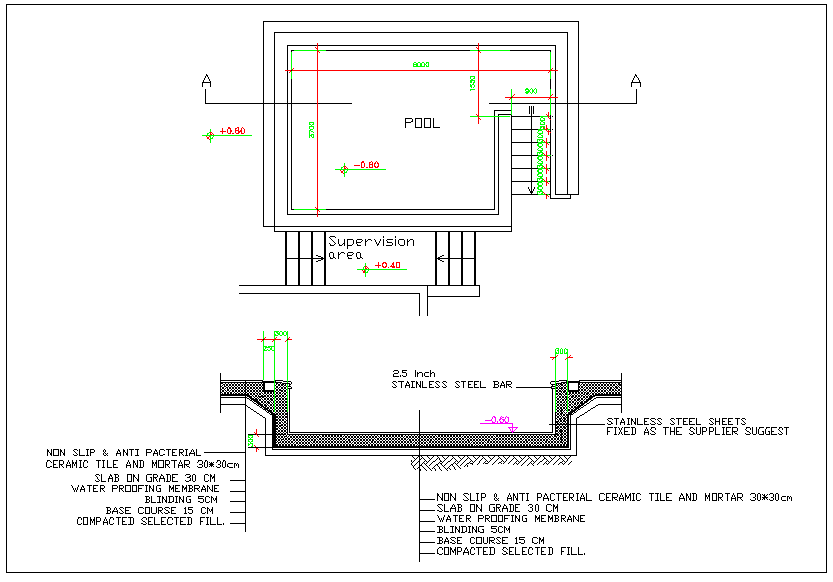 Swimming pool DWG file with plan, section, and elevation details