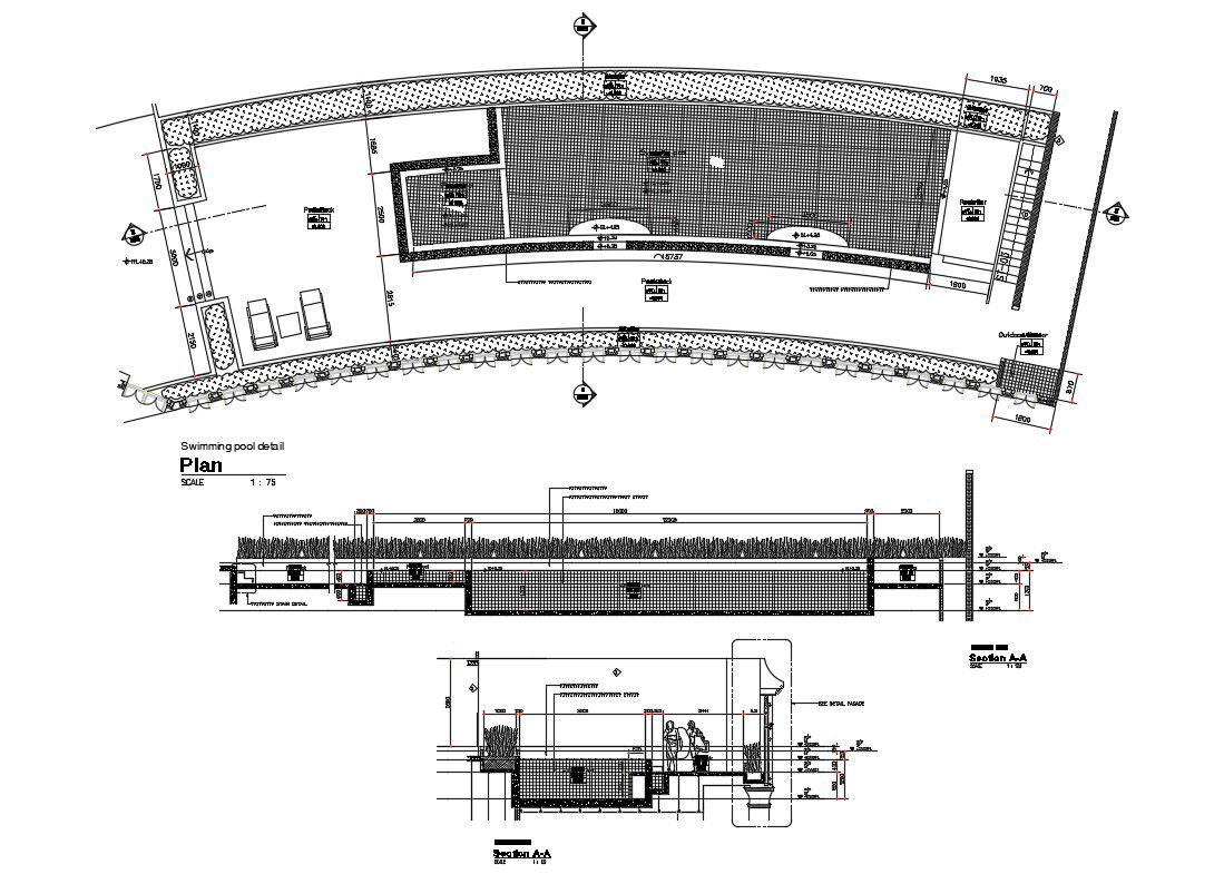 Swimming pool section, plan and cad drawing details dwg file