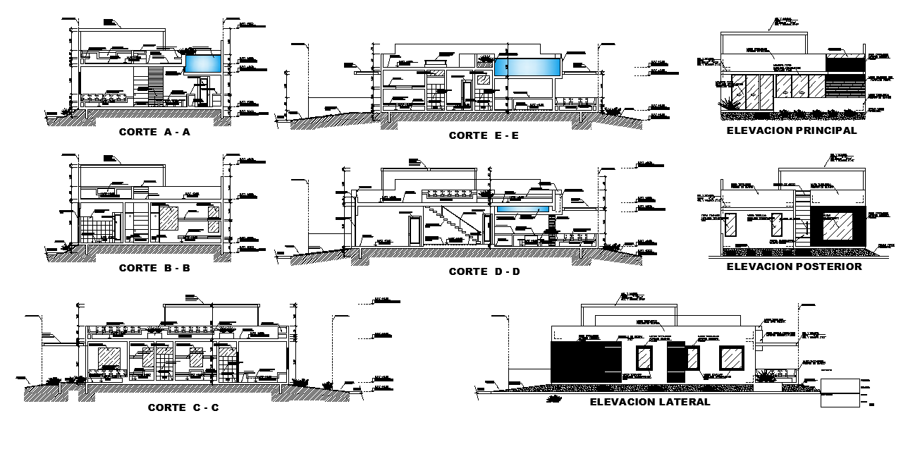 Swimming Pool House Building Sectional Elevation Design DWG File