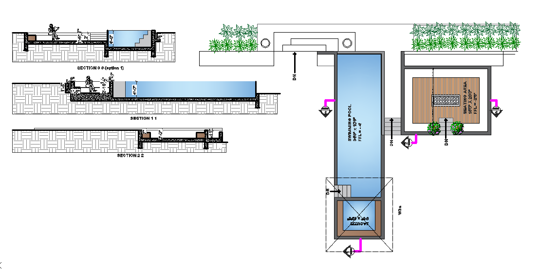 Swimming Pool Plan with Sectional Details and Layout in AutoCAD File